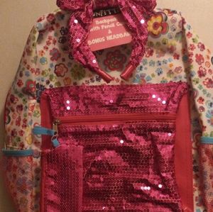 Backpack / pencilcase/ headband floral sequined design NWT